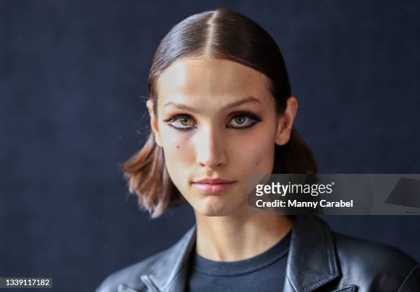 Model prepares backstage for the DUNCAN NYFW Spring/Summer 2022 Runway Show at Gallery at Spring Studios on September 08, 2021 in New York City.