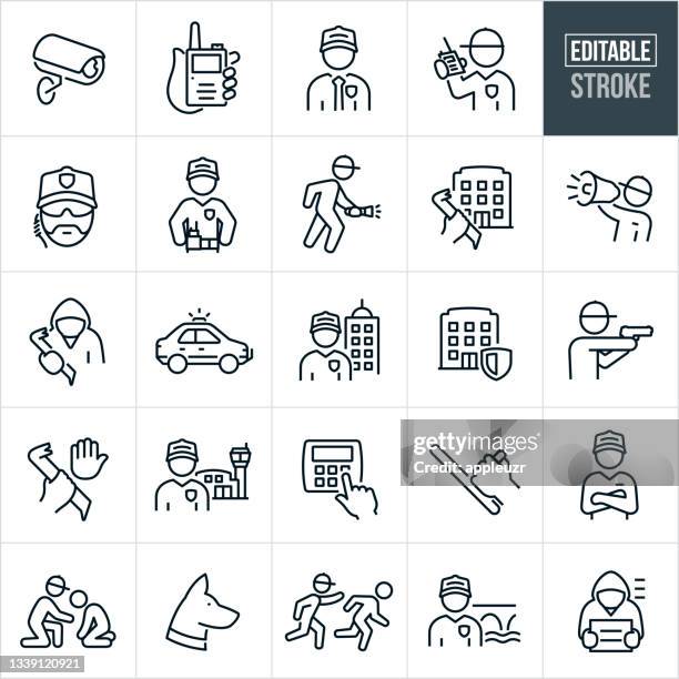 illustrations, cliparts, dessins animés et icônes de icônes de ligne mince security guard - trait modifiable - agent de sécurité