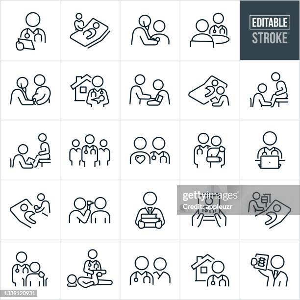 ilustraciones, imágenes clip art, dibujos animados e iconos de stock de iconos de línea delgada de médicos - trazo editable - trabajador sanitario