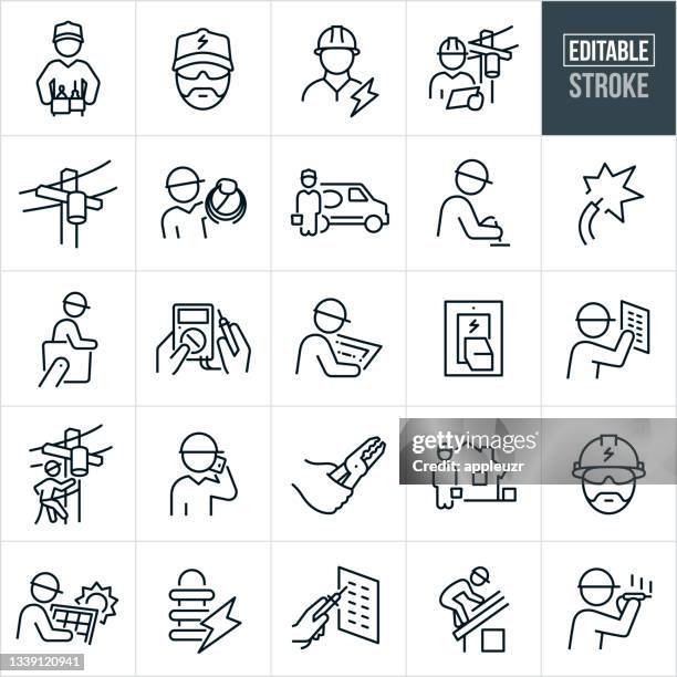 ilustraciones, imágenes clip art, dibujos animados e iconos de stock de iconos de línea delgada de electricista - trazo editable - maintenance engineer