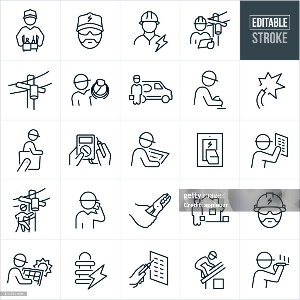 Electrician Thin Line Icons - Editable Stroke