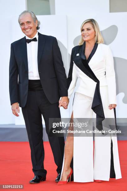 Giovanni Terzi and Simona Ventura attend the red carpet of the movie "Freaks Out" during the 78th Venice International Film Festival on September 08,...