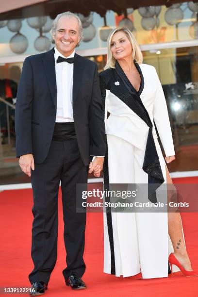 Giovanni Terzi and Simona Ventura attend the red carpet of the movie "Freaks Out" during the 78th Venice International Film Festival on September 08,...