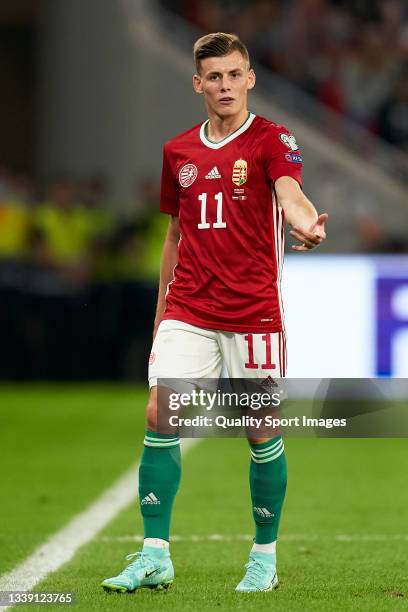 Szabolcs Schon of Hungary reacts during the 2022 FIFA World Cup Qualifier match between Hungary and Andorra at Puskas Arena on September 08, 2021 in...