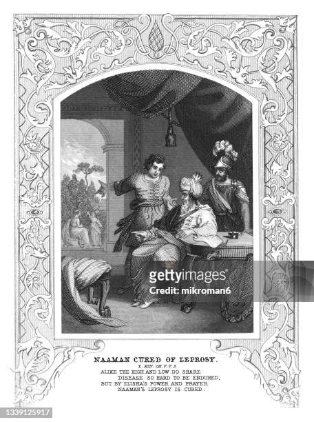 old engraved illustration of naaman cured of leprosy - leprosy stock pictures, royalty-free photos & images