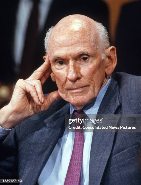 Senator Alan Cranston listen to testimony during a US Senate Select Committee on Intelligence confirmation hearing , Washington DC, September 16,...