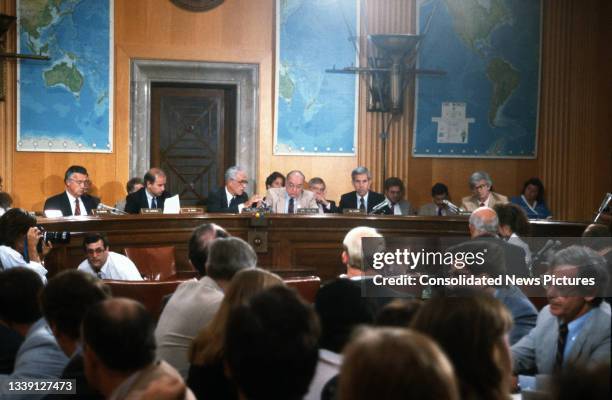 View of members of the US Senate Committee on Foreign Relations as they listen to testimony on the situation in Central America , Washington DC,...