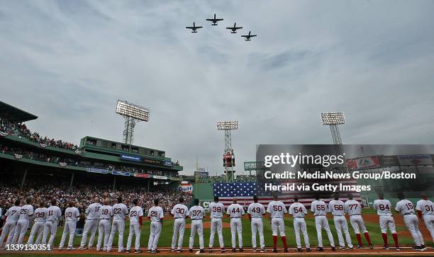 Opening Day: Boston Red Sox Vs Toronto Blue Jays at Fenway Park. A-10 Jets from Bradley Air National Guard Base in CT fly over Fenway Park after the...