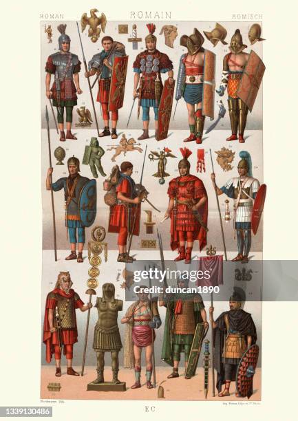 stockillustraties, clipart, cartoons en iconen met military costumes, fashion, of ancient rome, roman soldiers, gladiators, republic and imperial eras - romeins
