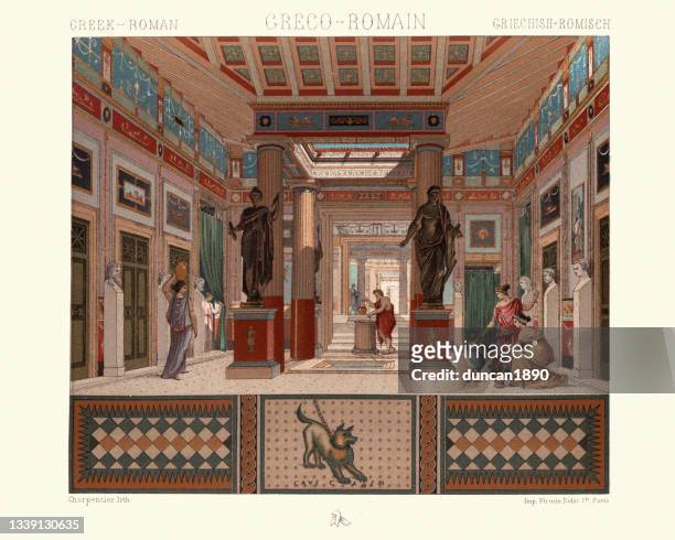 klassische griechisch-römische architektur, atrium eines hauses in pompeji, griechischer stil - skulptur kunstwerk stock-grafiken, -clipart, -cartoons und -symbole