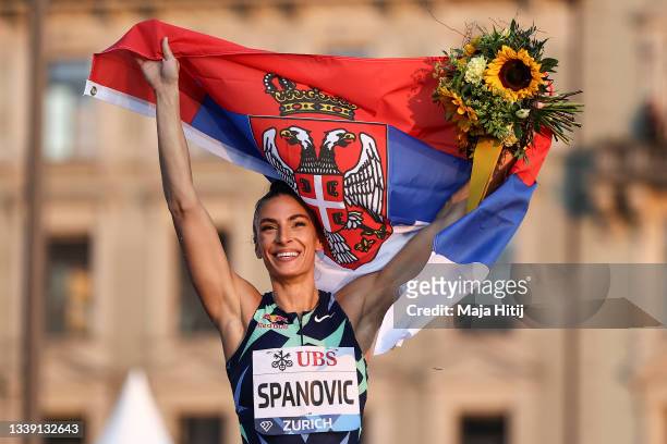 Ivana Spanovic of Serbia celebrates after winning the Women's Long Jump Final during the Weltklasse Zurich, part of the Wanda Diamond League at...