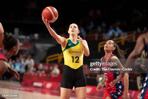 August 4: Tess Lavey of Team Australia drives to the basket watched by Skylar Diggins-Smith of Team United States during the USA V Australia quarter...