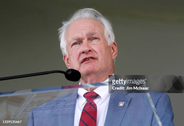 Don Fehr speaks on the behalf of the late Marvin Miller during the Baseball Hall of Fame induction ceremony at Clark Sports Center on September 08,...