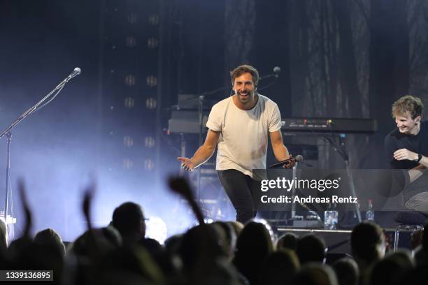 Max Giesinger performs on stage, first time after more than 15 months Covid-19 restrictions, indor at Brückenforum on September 08, 2021 in Bonn,...