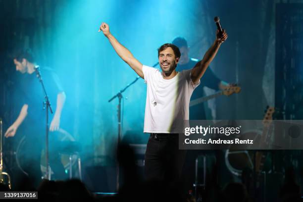 Max Giesinger performs on stage, first time after more than 15 months Covid-19 restrictions, indor at Brückenforum on September 08, 2021 in Bonn,...