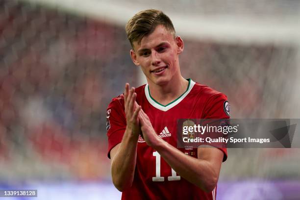 Szabolcs Schon of Hungary acknowledge the crowd during the 2022 FIFA World Cup Qualifier match between Hungary and Andorra at Puskas Arena on...