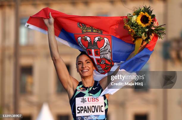 Ivana Spanovic of Serbia celebrates after winning the Women's Long Jump Final during the Weltklasse Zurich, part of the Wanda Diamond League at...