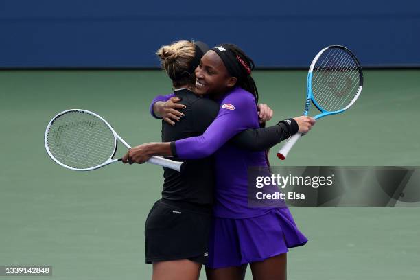 Coco Gauff of the United States and Catherine McNally of the United States celebrate match point against Su-Wei Hsieh of Chinese Taipei and Elise...