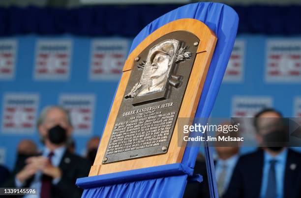 The plaque of inductee Derek Jeter is seen during the Baseball Hall of Fame induction ceremony at Clark Sports Center on September 08, 2021 in...