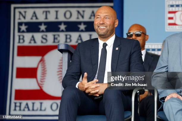 Derek Jeter looks on during the Baseball Hall of Fame induction ceremony at Clark Sports Center on September 08, 2021 in Cooperstown, New York.