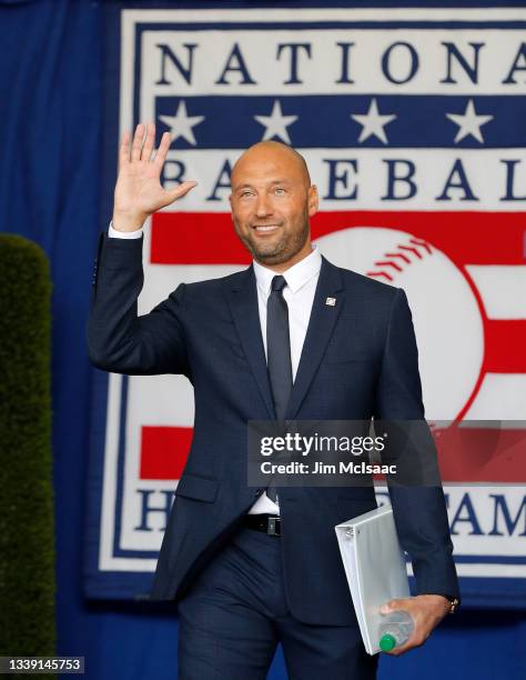 Derek Jeter is introduced during the Baseball Hall of Fame induction ceremony at Clark Sports Center on September 08, 2021 in Cooperstown, New York.