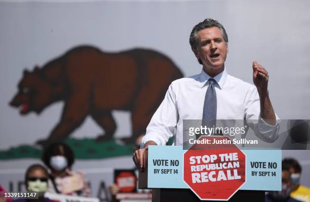 California Gov. Gavin Newsom speaks during a No on the Recall campaign event with U.S. Vice President Kamala Harris at IBEW-NECA Joint Apprenticeship...