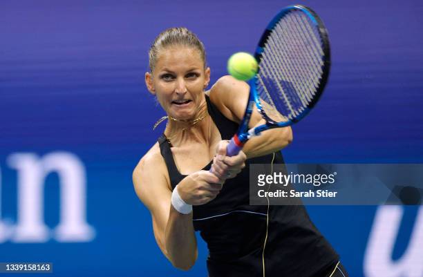 Karolina Pliskova of Czech Republic returns the ball against Maria Sakkari of Greece during her Women's Singles quarterfinal match on Day Ten of the...