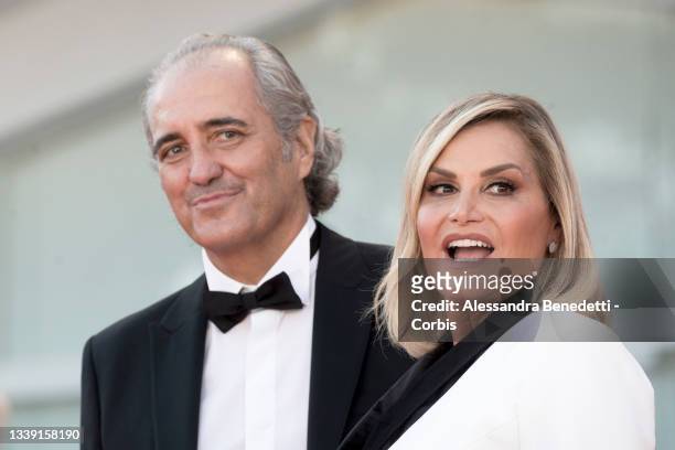 Simona Ventura and Giovanni Terzi attend the red carpet of the movie "Freaks Out" during the 78th Venice International Film Festival on September 08,...