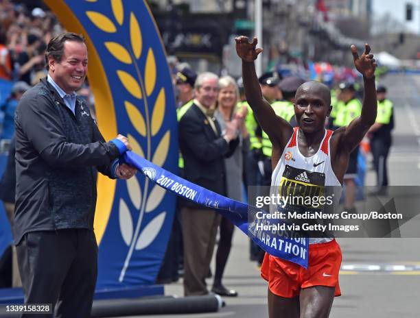 Geoffrey Kirui, of Kenya wins the men's division of the 121th Boston Marathon in Boston on Monday, April 17, 2017. Staff photo by Christopher Evans