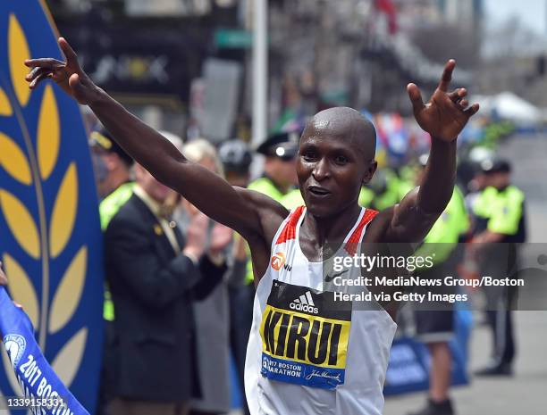 Geoffrey Kirui, of Kenya wins the men's division of the 121th Boston Marathon in Boston on Monday, April 17, 2017. Staff photo by Christopher Evans