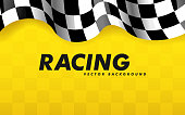 Waving checkered flag along the edges on a yellow background. Modern illustration.