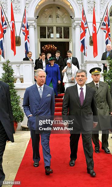 Prince Charles, Prince of Wales and the President of Turkey Mr Abdullah Gul leave the Mandarin Oriental Hotel on November 22, 2011 in London, United...