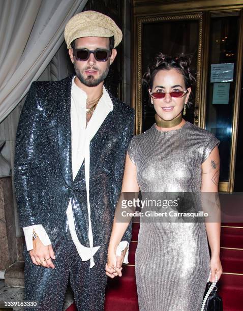 Actor Nico Tortorella and Bethany C. Meyers are seen leaving Christian Siriano's Spring 2022 show during New York Fashion Week on September 07, 2021...