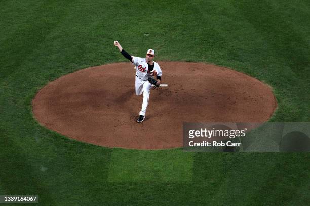 Starting pitcher Matt Harvey of the Baltimore Orioles throws to a Kansas City Royals batter in the first inning at Oriole Park at Camden Yards on...