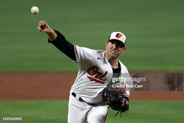 Starting pitcher Matt Harvey of the Baltimore Orioles throws to a Kansas City Royals batter at Oriole Park at Camden Yards on September 08, 2021 in...