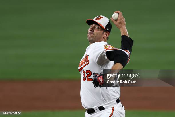 Starting pitcher Matt Harvey of the Baltimore Orioles throws to a Kansas City Royals batter at Oriole Park at Camden Yards on September 08, 2021 in...