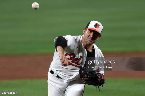 Starting pitcher Matt Harvey of the Baltimore Orioles throws to a Kansas City Royals batter at Oriole Park at Camden Yards on September 08, 2021 in...