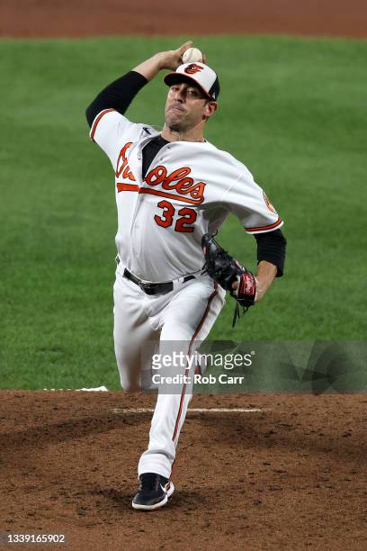 Starting pitcher Matt Harvey of the Baltimore Orioles throws to a Kansas City Royals batter at Oriole Park at Camden Yards on September 08, 2021 in...