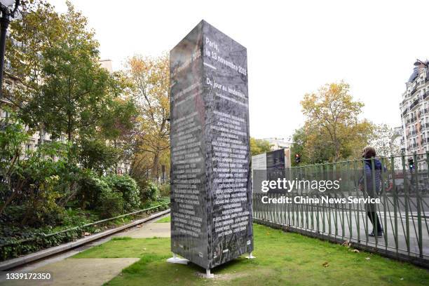 Memorial plaque is set near the Bataclan theatre to mark the 5th anniversary of the 2015 Paris terror attack on November 13, 2020 in Paris, France.