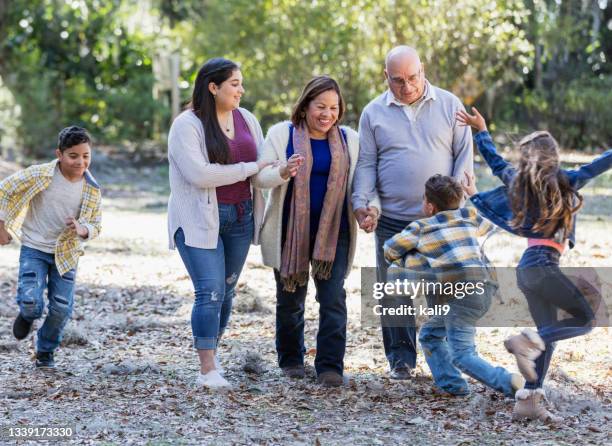 senior hispanic couple at park with four grandchildren - large family stock pictures, royalty-free photos & images