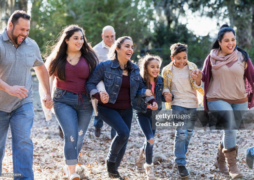 Große hispanische Familie, die im Park Händchen hält