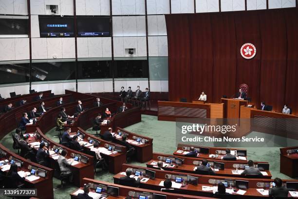 Hong Kong Chief Executive Carrie Lam Cheng Yuet-ngor speaks during a question and answer session at the Legislative Council on September 8, 2021 in...