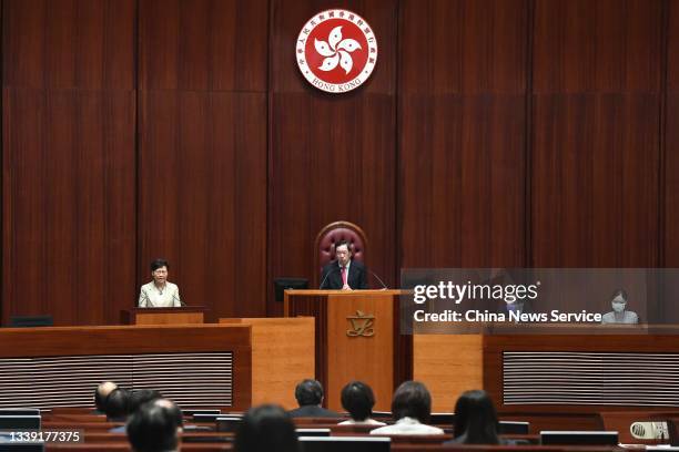 Hong Kong Chief Executive Carrie Lam Cheng Yuet-ngor speaks during a question and answer session at the Legislative Council on September 8, 2021 in...