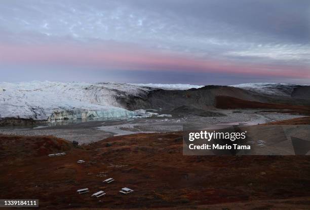 Moraine is left behind by the retreating Reindeer Glacier on September 8, 2021 near Kangerlussuaq, Greenland. 2021 will mark one of the biggest ice...