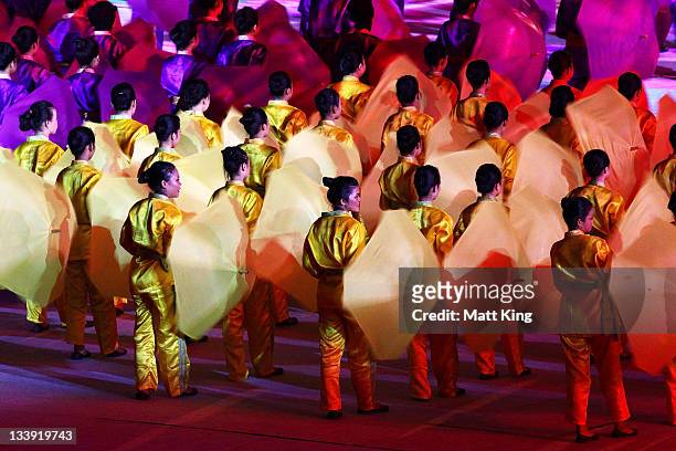 Performers take part in the Closing Ceremony on day 12 of the 2011 Southeast Asian Games at Jakabaring Sports Complex on November 22, 2011 in...