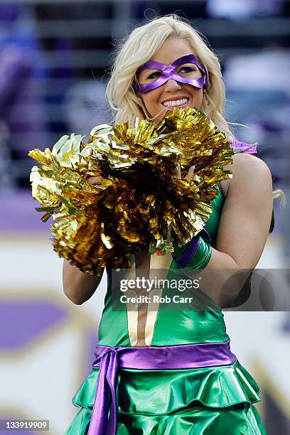 Member of the Baltimore Ravens cheerleading squad preforms during the Ravens and Arizona Cardinals game at M&T Bank Stadium on October 30, 2011 in...