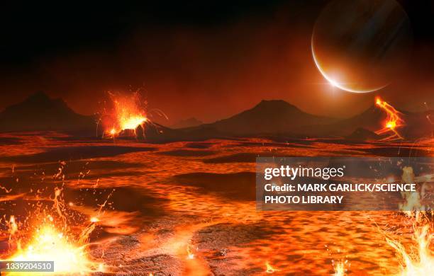 ilustrações, clipart, desenhos animados e ícones de jupiter seen from volcanic io - lava lake