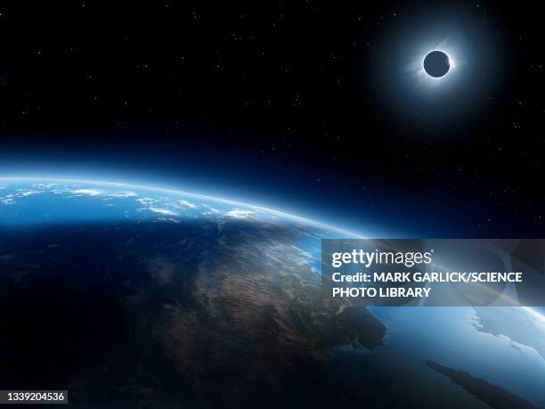 ilustraciones, imágenes clip art, dibujos animados e iconos de stock de solar eclipse from space - eclipse