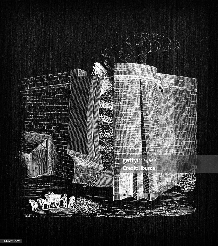 Antique illustration engraving of manufacturing industry: Lime kiln