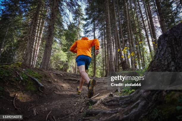 man trail running in the forest, training for healthy lifestyle - cross country stock pictures, royalty-free photos & images